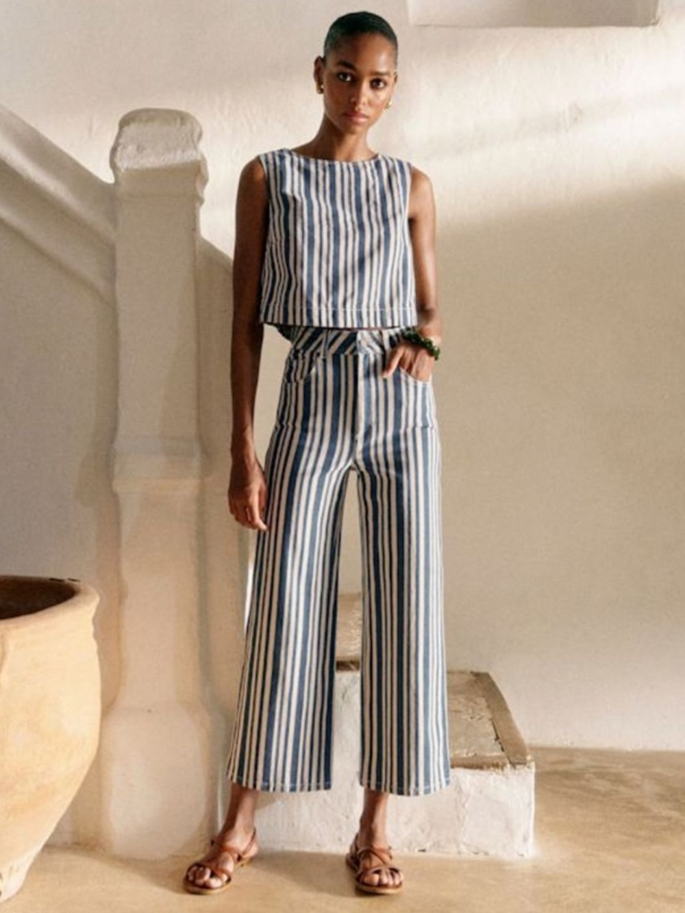 Sezane Navy & White Striped Cropped Jumpsuit